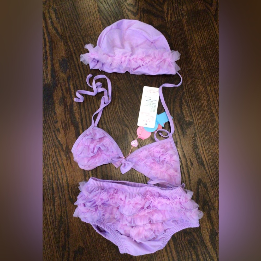 Summer Baby Girl Bikini Swimsuit Set Three-piece Ruffle Swimwear with Hat